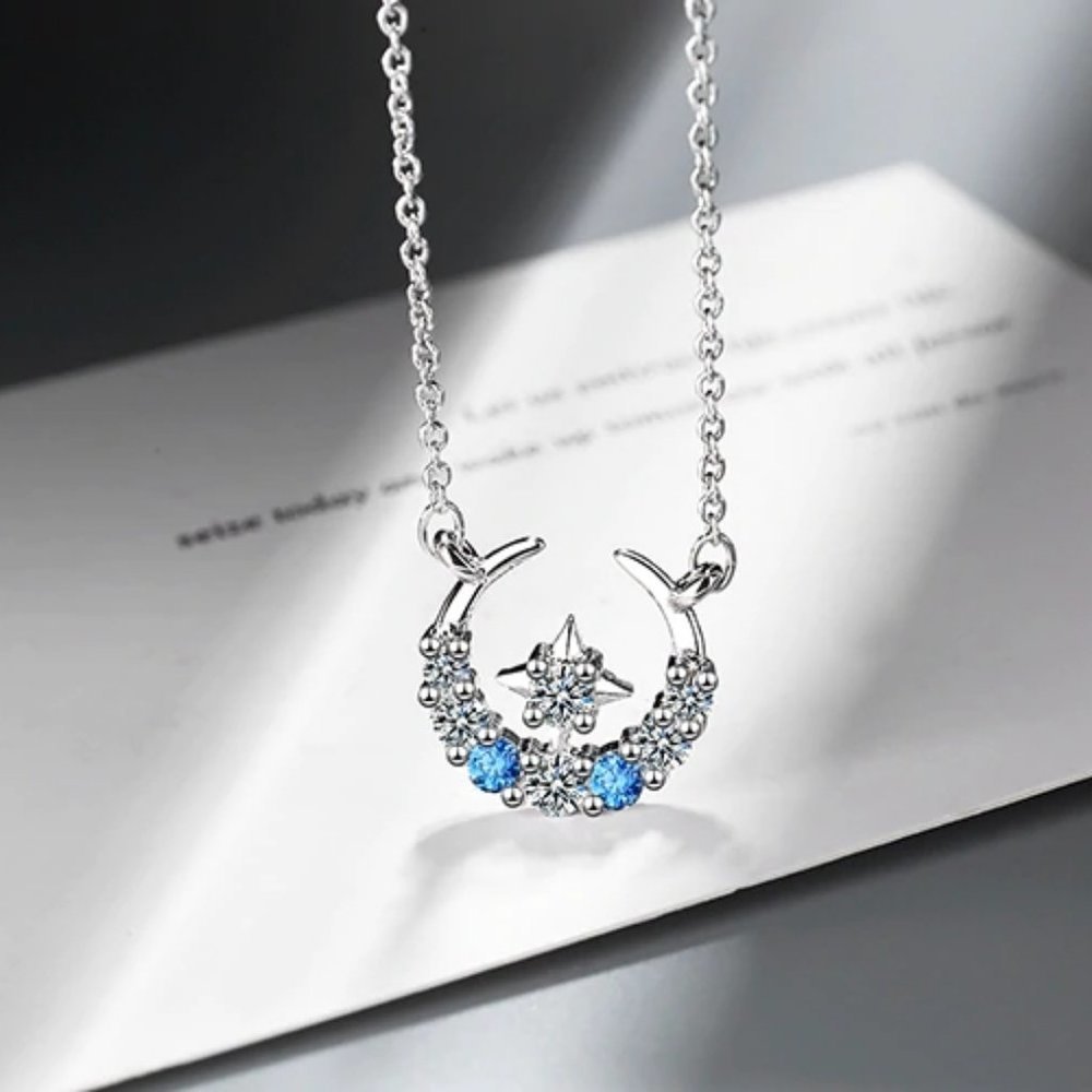 NEW 925 Sterling Silver Diamond Moon Star Necklace